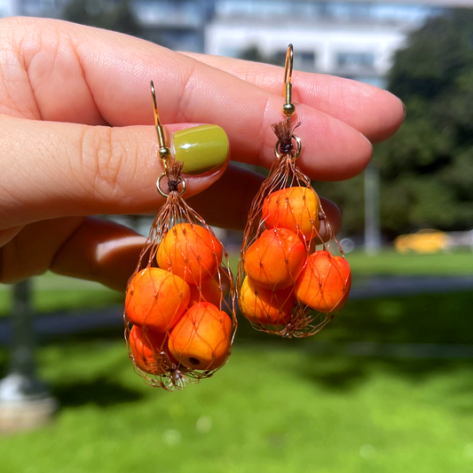 *BROWN MESH* APPLE PRODUCE BAG EARRINGS