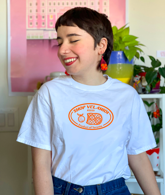 SHOP VELANIDI ORANGE FRUIT STICKER T-SHIRT